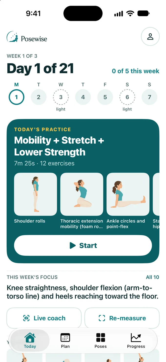 Posewise app showing today's plan